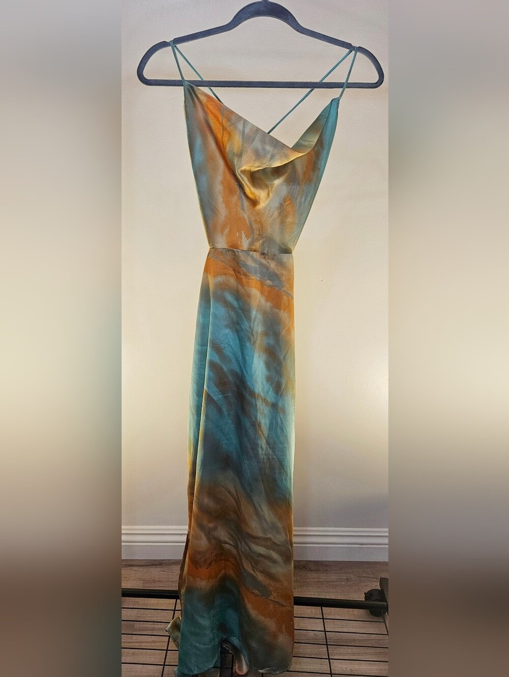 Blue and Brown Marble Slip Maxi Dress with Cowl Neck